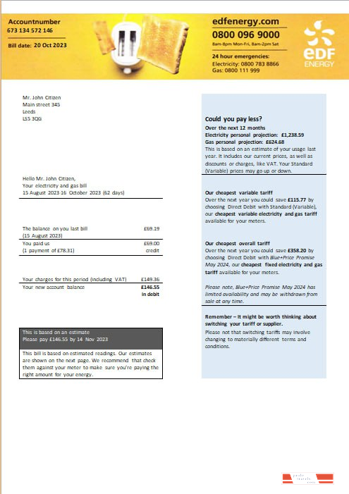 United Kingdom EDF Energy electricity and gas utility bill Word and PDF formats
